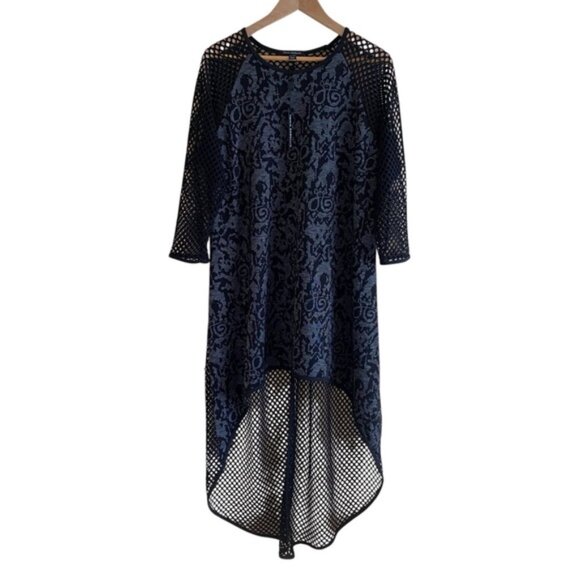 Tonia Debellis Tunic Womens XL Black Knit Mesh Long Sleeve High Low Lagenlook - Picture 1 of 15